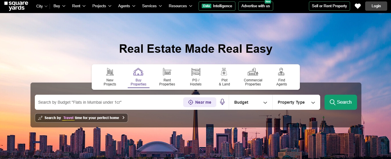 Homepage of Square Yards website showcasing real estate search options for buying, renting, and investing